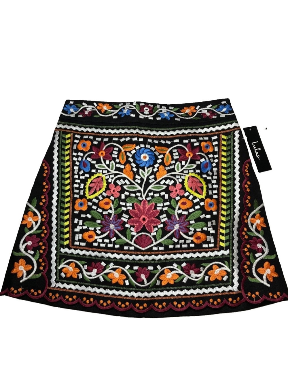 NWT Lulus Embroidered Mini Skirt Black Floral Scalloped Boho Festival Maximalist
